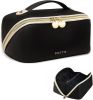 Makeup Bag for Women Travel Waterproof Vegan Leather Cosmetic Bag Open Flat Toiletry Bag With Clear Divider and Handle (Large Black)