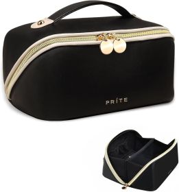 Makeup Bag for Women Travel Waterproof Vegan Leather Cosmetic Bag Open Flat Toiletry Bag With Clear Divider and Handle (Large Black)
