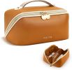 Makeup Bag for Women Travel Waterproof Vegan Leather Cosmetic Bag Open Flat Toiletry Bag With Clear Divider and Handle