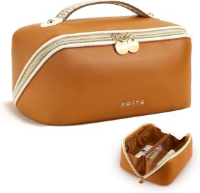 Makeup Bag for Women Travel Waterproof Vegan Leather Cosmetic Bag Open Flat Toiletry Bag With Clear Divider and Handle