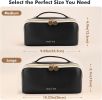 Makeup Bag for Women Travel Waterproof Vegan Leather Cosmetic Bag Open Flat Toiletry Bag With Clear Divider and Handle (Large Black)