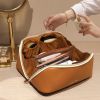 Makeup Bag for Women Travel Waterproof Vegan Leather Cosmetic Bag Open Flat Toiletry Bag With Clear Divider and Handle