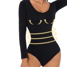 Sexy Basic Slim Bodysuit, Solid Round Neck Long Sleeve Waist Bodycon One Piece Bodysuit, Women's Clothing (Color: Black, size: S(4))