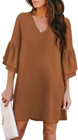 Women's Dress Sweet & Cute V-Neck Bell Sleeve Shift Dress Mini Dress (Color: Chocolate, size: XX-Large)