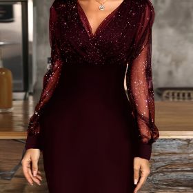 Solid Sequin Stitching Lace Long Sleeve Dress; Elegant Mesh Slim Sexy Party Dress; Women's Clothing (Color: Claret, size: XXL(14))