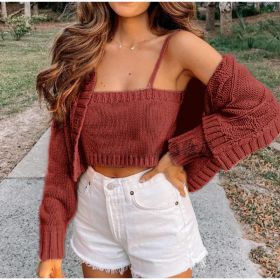 Solid Loose Cardigan For Women Sweater Two-piece camisole Women's Sweaters 2021 Autumn Winter Fashion New Long Sleeve Top Female (Color: Maroon, size: L)