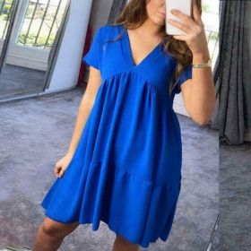 Sexy Pleated Summer Women's Dress 2021 Short Sleeve Patchwork A-line V-neck Solid Female Loose Dresses Woman Casual Lady Clothes (Color: Deep Blue, size: S)