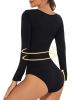 Sexy Basic Slim Bodysuit, Solid Round Neck Long Sleeve Waist Bodycon One Piece Bodysuit, Women's Clothing