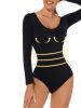 Sexy Basic Slim Bodysuit, Solid Round Neck Long Sleeve Waist Bodycon One Piece Bodysuit, Women's Clothing